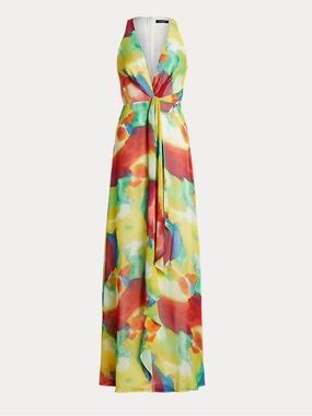 Lauren Ralph Lauren Tie-Dye-Print Ruffle-Trim Chiffon Gown